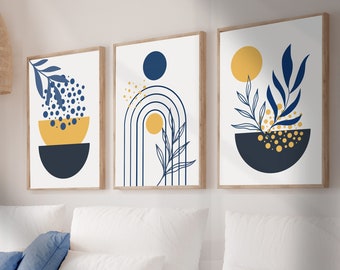 Collection of 3 Boho Wall Prints: Blue and Mustard Yellow Art Ffor Unique Wall Decor, Stylish Mid-Century Modern Wall Art in Blue and Yellow