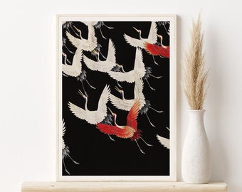 Arte japonés vintage, Ilustración vintage de grúas voladoras japonesas, Arte de vivero, Impresión de arte japonés, Decoración japonesa
