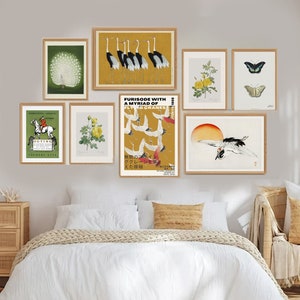 Eclectic Vintage Wall Art, Gallery Wall Prints, Eclectic Home Decor, Ogata Korin, Vintage Japanese Crane, Green and Yellow Colors Decor