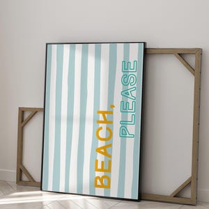 Beach Please Quote Print | funny retro Y2K beach art | Coastal Typography Wall Art | Striped Modern Beach Poster | Summer Digital Download