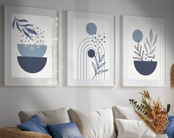 Set of 3 Blue Wall Prints: Mid-Century Geometric Art with Botanical Elements, Wall Decor in Blue and White Hues for Modern Living Room