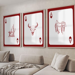 Trio de cartes cowboy preppy moderne | Ensemble de décorations murales Ace pour chambre d'adolescent ou dortoir | Déco de poker western Y2K