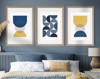 Arte mural geométrico azul y amarillo | Impresiones abstractas modernas | Arte digital moderno de mediados de siglo | Impresión retro elegante