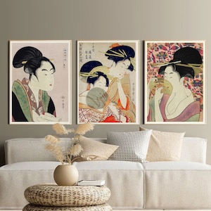 Vintage Japanese wall art, Utamaro Kitagawa, geisha art, Asian art set of 3, Japanese print, Japanese decor, girl&#39;s room art, dorm room art