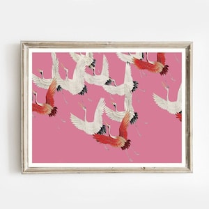 Flock of Japanese red crowned cranes, Ogata Korin, INSTANT DOWNLOAD, vintage bird print, candy pink wall decor, girly décor, japanese art