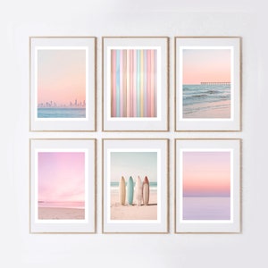Juego de 6 impresiones de pared con diseño de playa rosa | Láminas de arte rosa | Galería de arte playero | Seis imprimibles de playa y océano