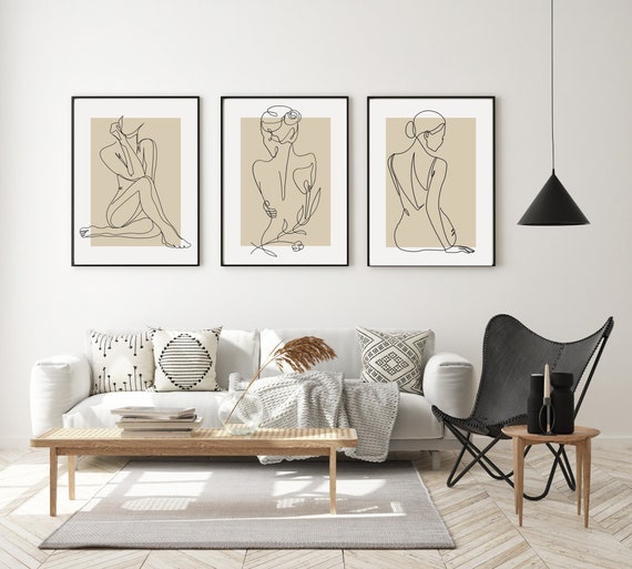Dessin au trait femme, art féminin neutre minimaliste, dessin au trait, art mural féminin, impressions de chambre à coucher, art mural beige