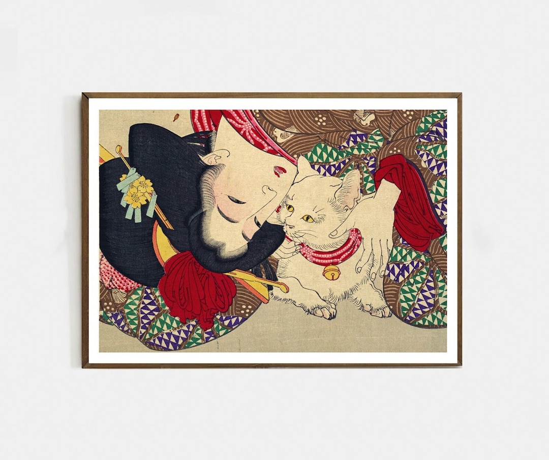 Vintage Japanese Cute Art With a Cat | Japanese Geisha and Cat Art ...