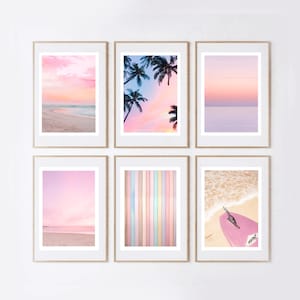 Beach and surf print in pink tones | set of 6 pastel beach prints | pink tropical coastal print | ocean gallery wall set | Digital Download