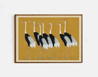 Arte digital, Bandada de grullas reales rojas japonesas, Ogata Korin, DESCARGA INSTANTE, estampado de pájaros vintage, decoración de pared