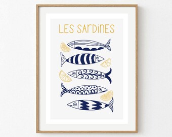 Blue Sardine Preppy Illustration | Minimalist Portuguese Kitchen Decor | Boho Mediterranean Digital Print | Retro Kitchen Instant Download