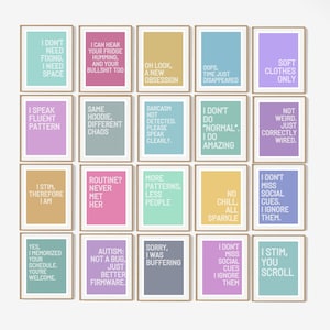 May include: A set of framed art prints with a variety of colourful backgrounds and witty text. Each print displays a different quote in a simple, modern font, ideal for home or office decoration.