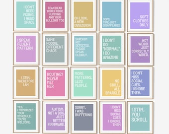 Cute and Funny ADHD and Autism Wall Art Bundle | 20 Retro Colorful Funny Typography Prints | Positive Neurodivergent Home & Office Decor