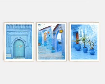 Moroccan Wall Prints in Blue | Arab City Poster Art Set | Boho Printable Art | Set of 3 Moroccan posters | Moroccan street images blue