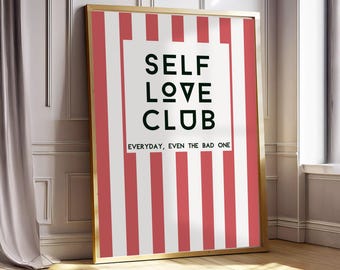 Self Love Club Wall Print | Retro Pastel Affirmation Poster | Positive Room Decor | Gift for Her | Digital Cute Preppy Typography Download