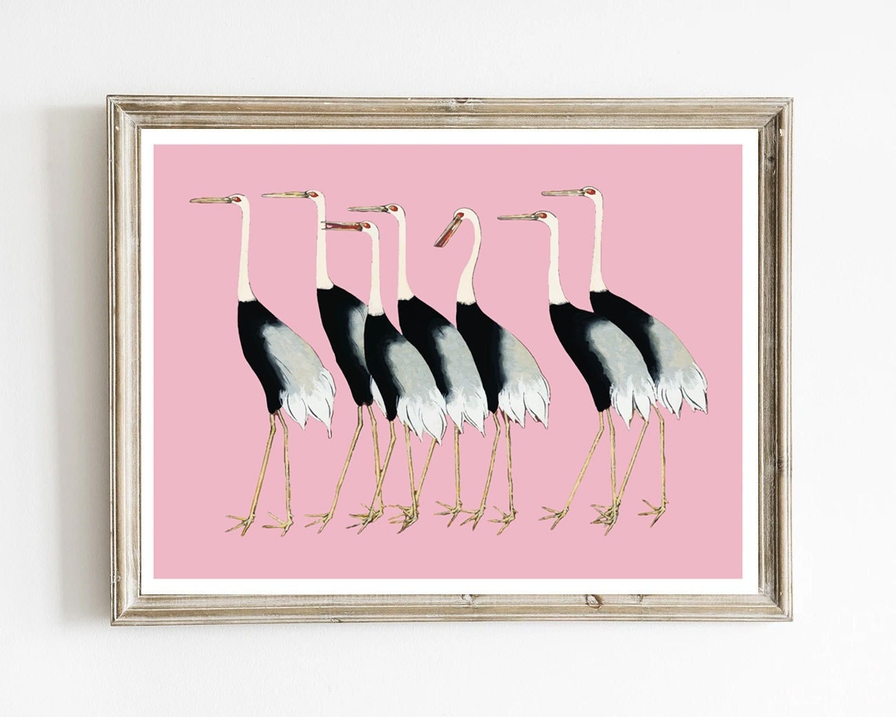 Flock of Japanese red crowned cranes, inspired by Ogata Korin, INSTANT art, vintage bird print, candy pink wall decor, dorm room wall art
