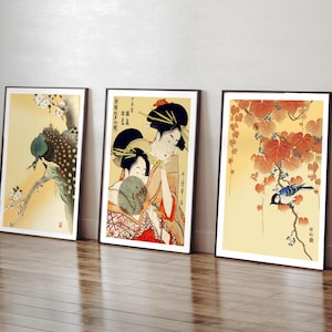 Vintage Japanese Wall Art Set | Geishas and Birds Ukiyo-e Prints | Elegant Digital Decor | Japandi Style for Living Room or Gift