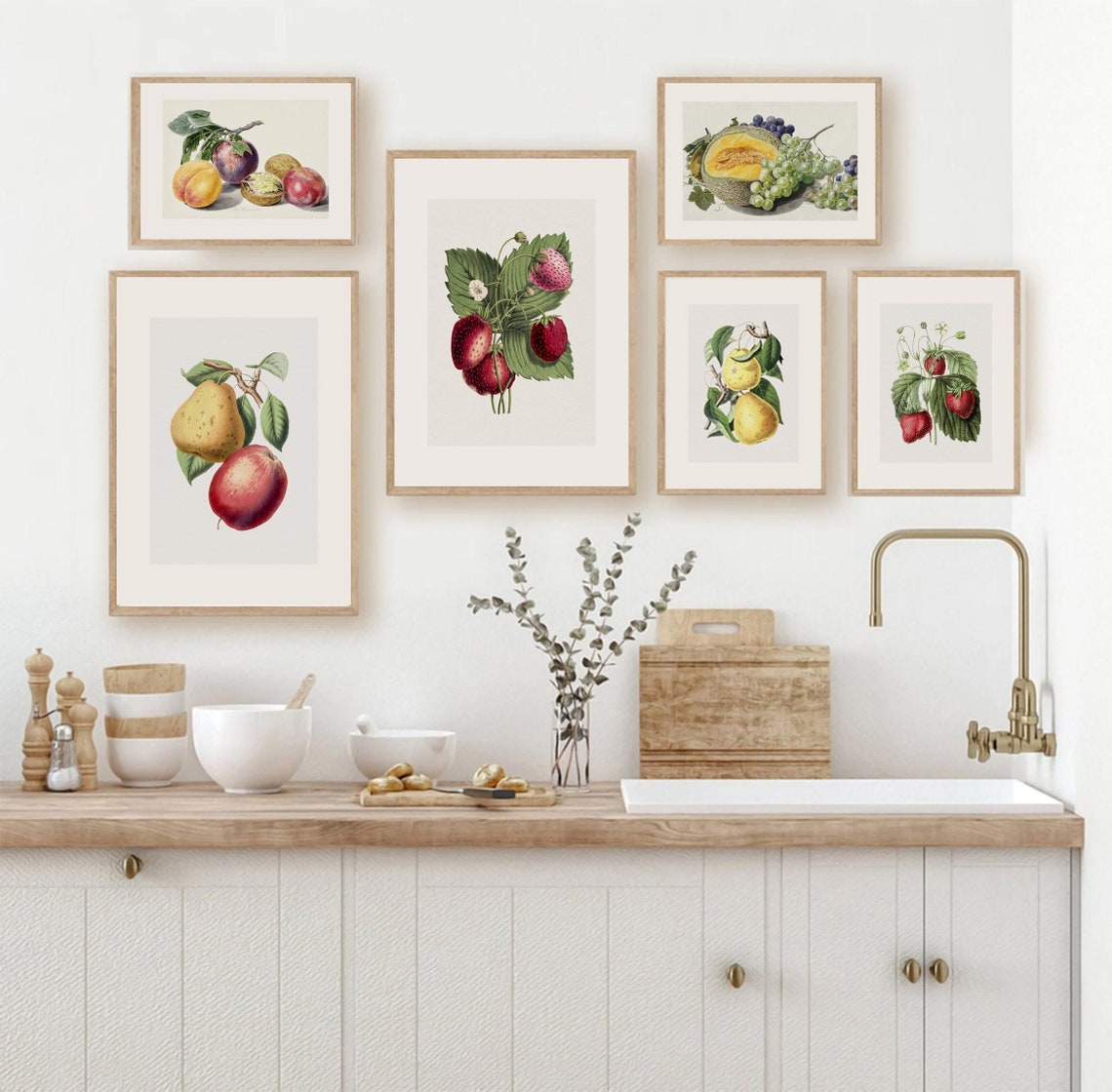 Kitchen Gallery Wall Art Set of 6, Vintage Fruit Prints, Vintage ...