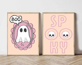 Spooky Cute Halloween Wall Art Set | Pink Ghost & Retro Typography Prints | Fun GirlyHalloween Decor | Instant art