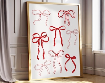 Coquette Bow Wall Art for Preppy Decor | Retro Red Ribbon Printable Poster | Cute Girly Y2K Room Aesthetic for Bedroom or Gallery Wall