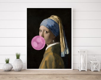 Girl With a Pearl Earring With Bubble Gum, Vermeer Modern