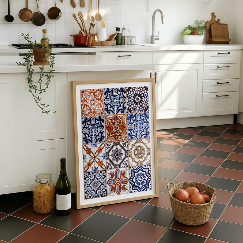 Terracotta and Blue Tile Print | Antique Faience Style Mediterranean ...