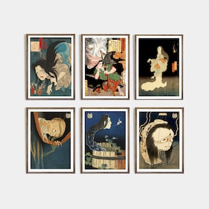 Set of 6 vintage Japanese art prints with ghosts, Japanese halloween decor, manga style art, vintage Japanese art, ghosts in art from Japan