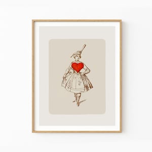 affiche carte de jeu de dame de coeur rouge | art mural rétro | impression d'amour | décor de la Saint-Valentin | art victorienne d'amour