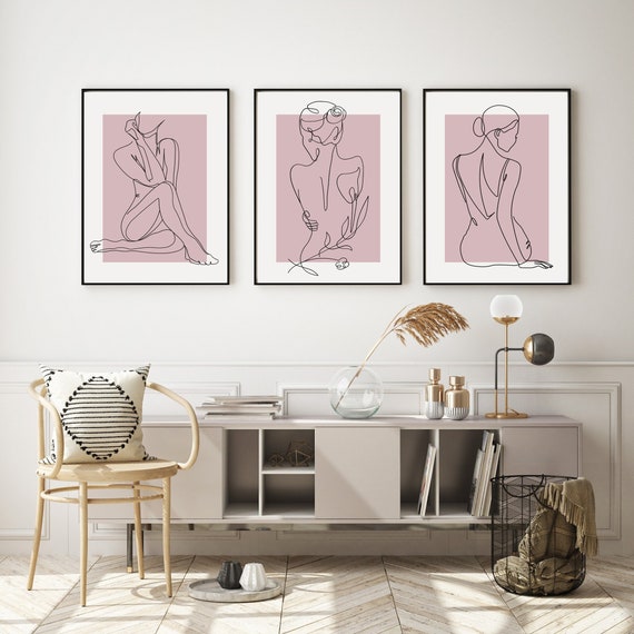Art mural de chambre à coucher, dessin au trait femme, art féminin en pastel, affiche minimaliste, dessin au trait  féminin, art rose poudré