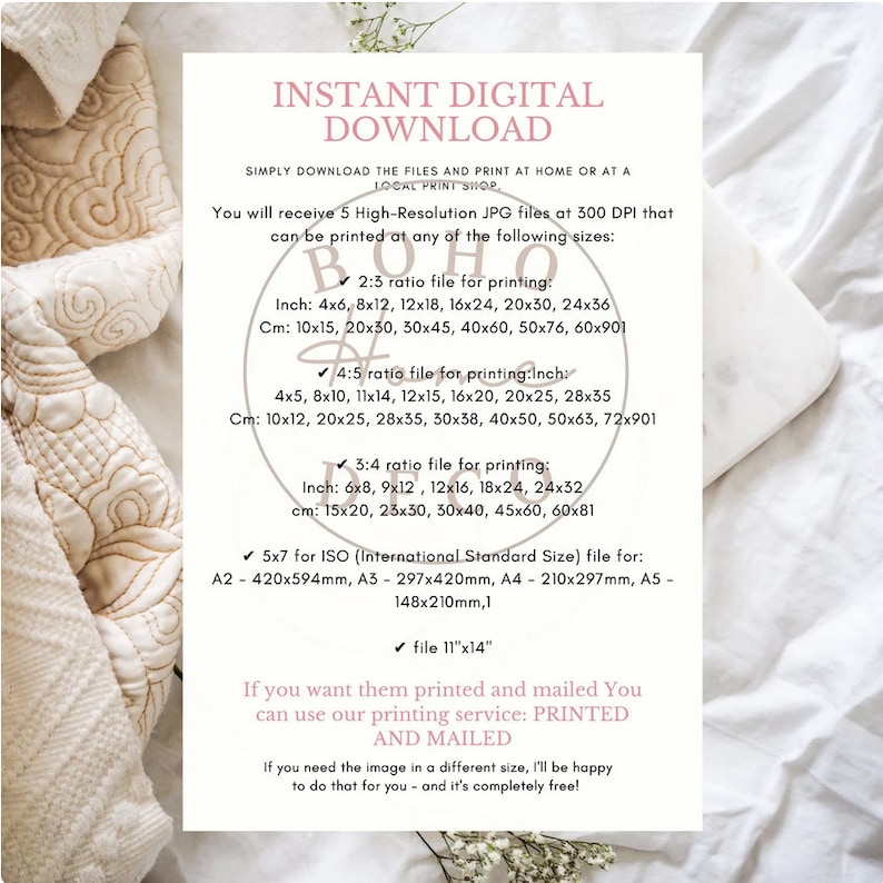 Puede incluir: Una descarga digital instant&aacute;nea para ilustraciones imprimibles en varios tama&ntilde;os. El texto dice "Descarga digital instant&aacute;nea" y "Recibir&aacute;s 5 archivos JPG de alta resoluci&oacute;n a 300 DPI que se pueden imprimir en cualquiera de los siguientes tama&ntilde;os:" con una lista de diferentes tama&ntilde;os en pulgadas y cent&iacute;metros.
