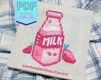 Strawberry Milk Cross Stitch Pattern - Cute Pink Milk Bottle XStitch Digital Download