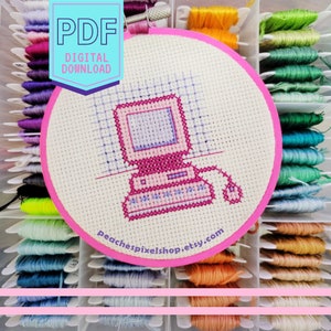 Bonito patrón de punto de cruz en PDF con miniordenador, Descarga digital Pixel Art XStitch