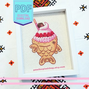 Taiyaki Ice Cream PDF Cross Stitch Pattern - Japanese Dessert XStitch Pixel Art Digital Download