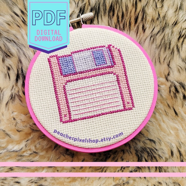 Pink Floppy Disk Cross Stitch PDF Pattern - PC Diskette Pixel Art Counted XStitch Chart