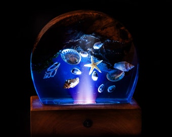 Sea Shell Epoxy Resin Night Light • Epoxy Resin Wood Night Lamp • Handmade White Epoxy Wood Lamp • Home Decor Gift