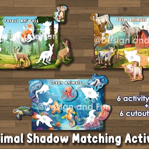 May include: A set of six animal shadow matching activity pages. Each page features a colorful illustration of a different animal habitat, such as a forest, farm, or ocean. The pages include cut-out shapes of animals that children can match to their corresponding shadows on the pages.