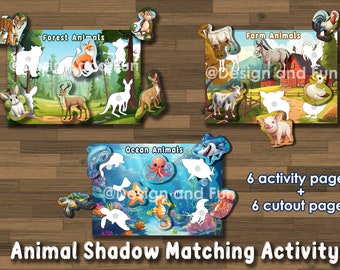 Printable Animal Shadow Matching Activity for homeschool, SEN, Animal Quiet book, Learning binder, Toddler Busy book, Animals Silhouette