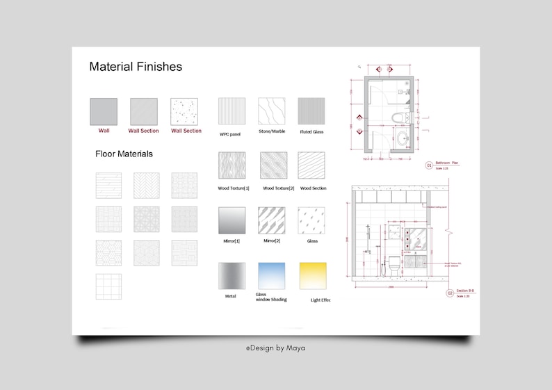 May include: A black and white architectural drawing of a bathroom with a floor plan and a side view. The drawing includes a list of materials for walls and floors, including wood, glass, and metal.