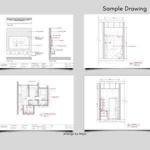 May include: A set of four architectural drawings for a bathroom renovation project. The drawings include a front view, side view, floor plan, and a section view. The drawings are labeled with dimensions and notes.