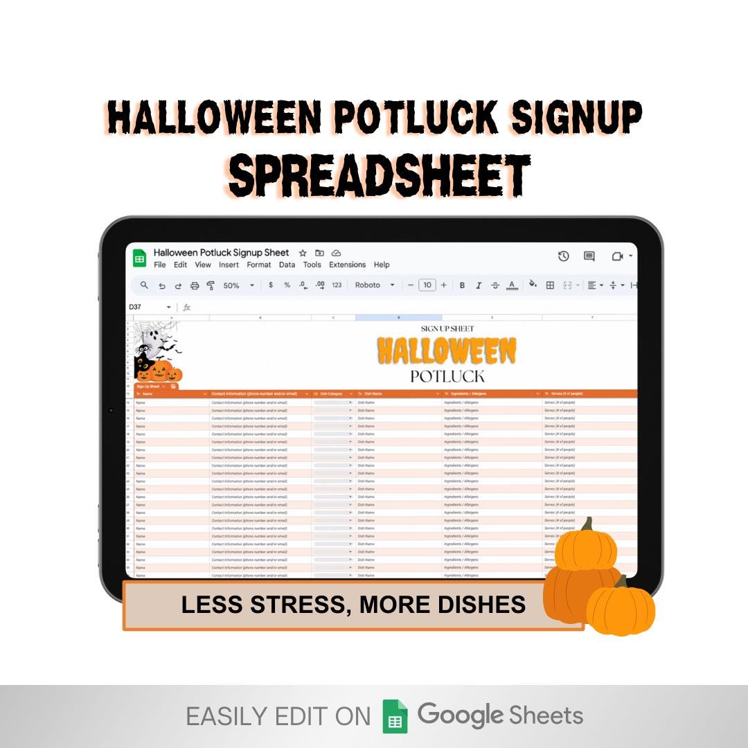 Halloween Potluck Sign-up Spreadsheet: Editable Google Sheet Planner ...