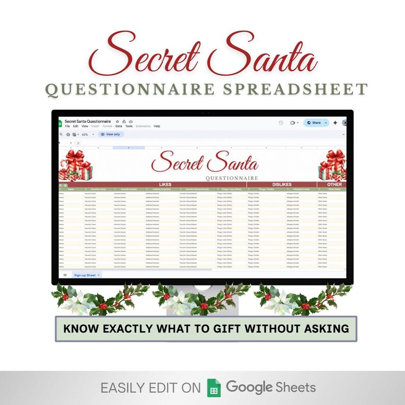 Secret Santa Questionnaire Template Sheet: Editable Google Sheet ...