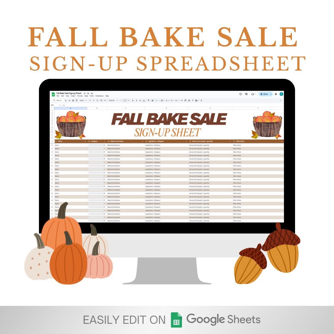 Fall Bake Sale Sign-up Spreadsheet: Editable Google Sheet Planner ...