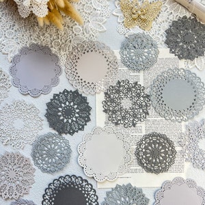 Set 5 pezzi di centrini mandala in carta grigia, diario creativo, scrapbooking, creazione di biglietti, tecniche miste, artigianato di carta