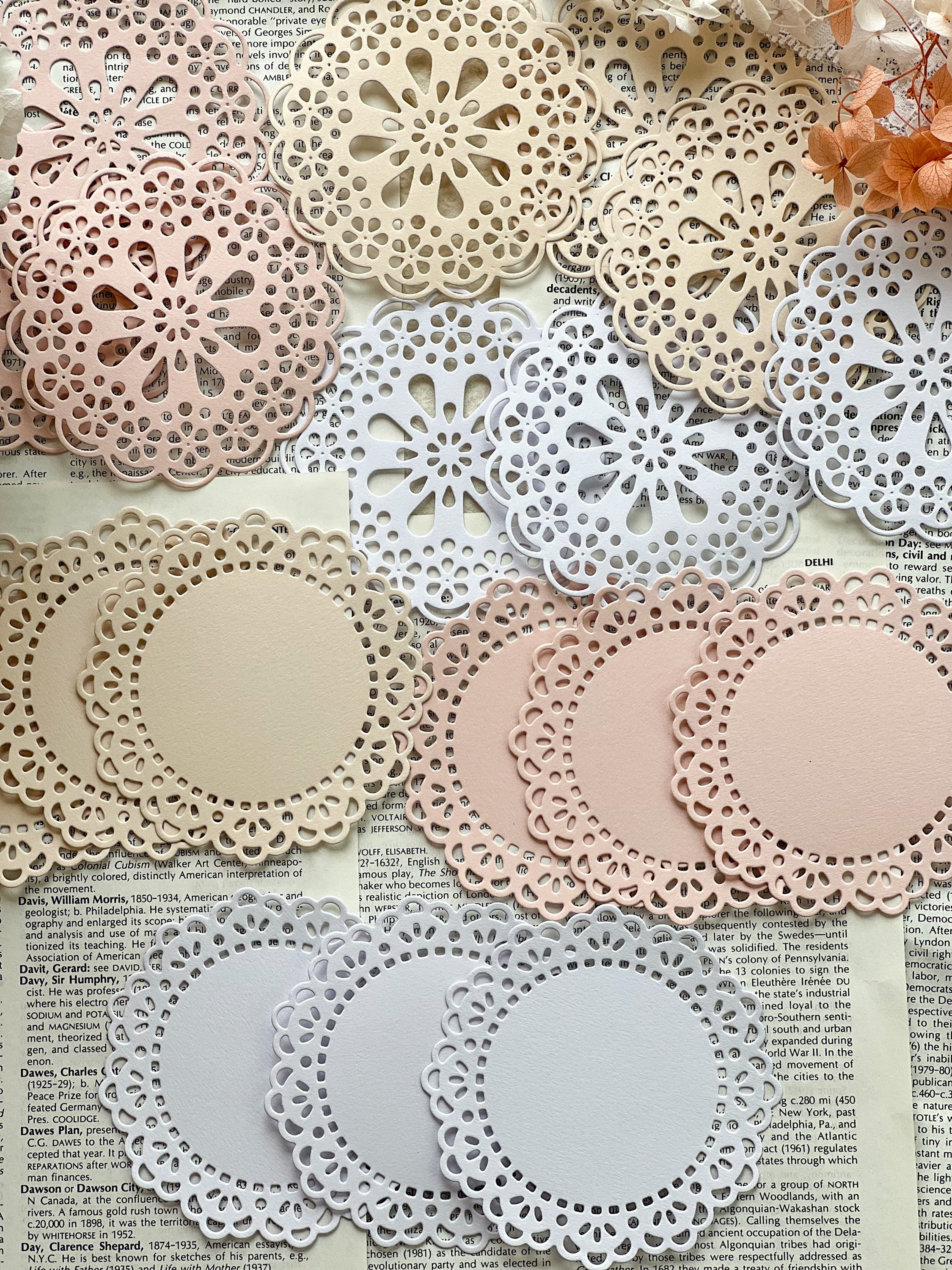10 pcs VTG 4 INCH OFF WHITE ROUND DAISY FLOWER EMBOSSED PAPER DOILY USA  CARDS