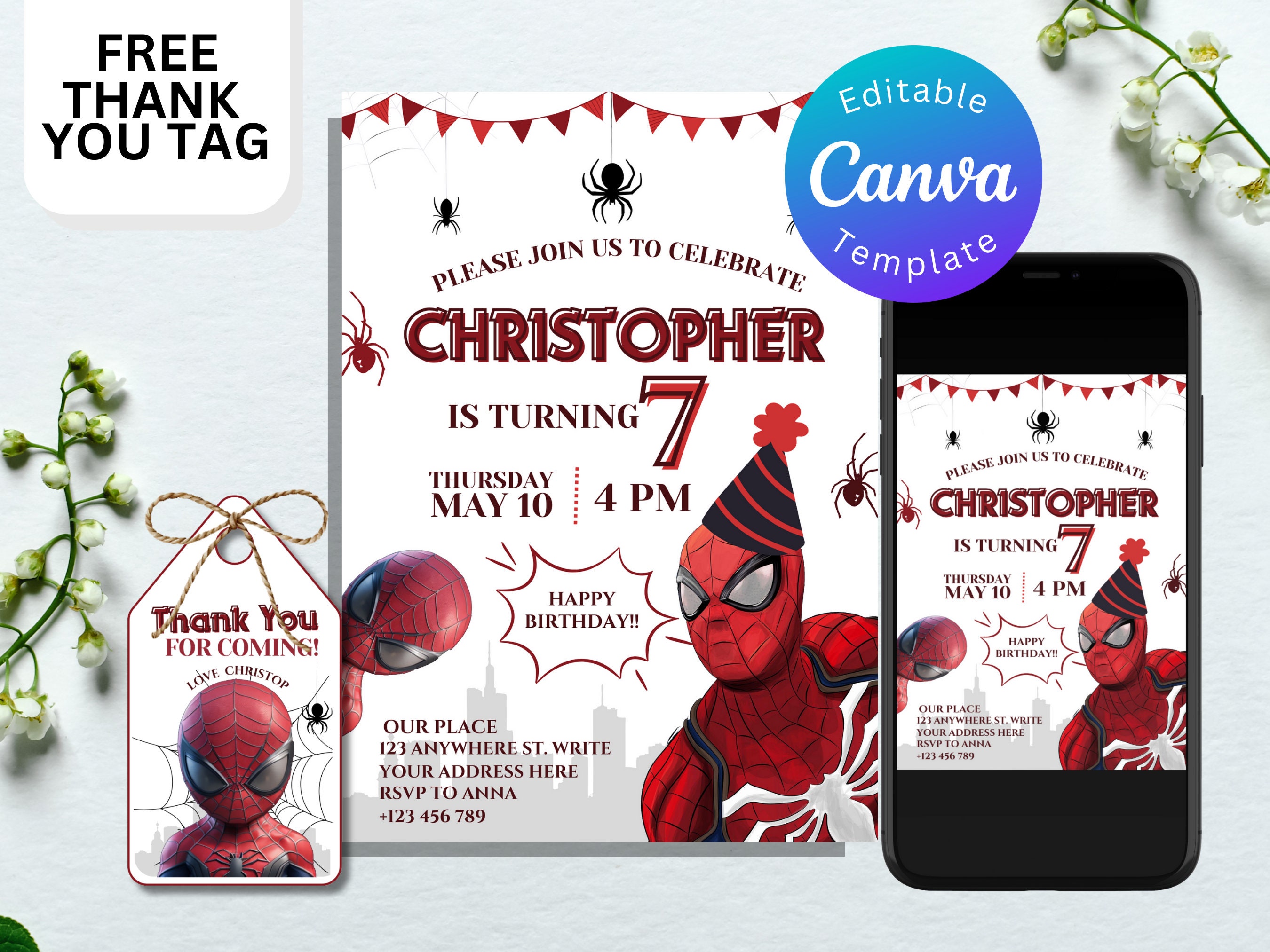 Editable Birthday Invitation Spiderman Theme Template for Kids Spiderman Party Invites for ...