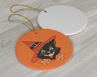 Ornamento in ceramica retrò a forma di gatto nero di Halloween