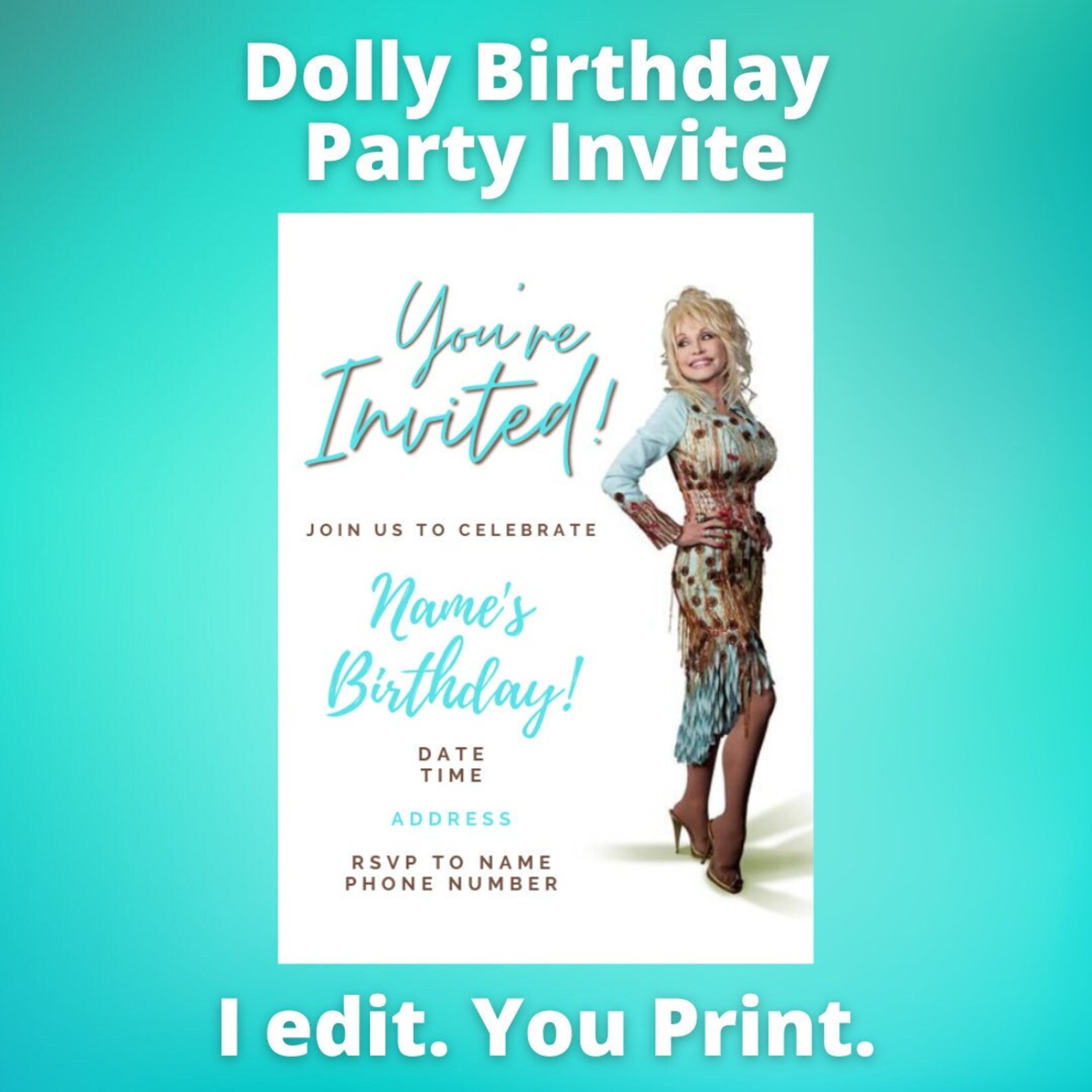 Dolly Parton Printable Birthday Party Invite Nashville Party Etsy