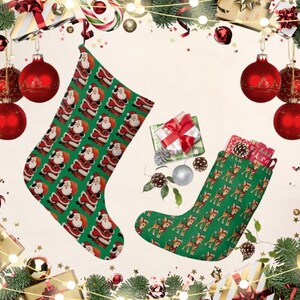Calcetín navideño con estampado vintage de Papá Noel y renos / Calcetín navideño verde