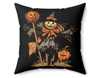Cojín cuadrado retro de Halloween, chica vintage, gato, calabaza