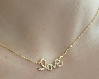 Love Script Necklace, Wedding Necklace, Bridesmaid Necklace, Love Necklace, Love Choker, Gold Love Necklace, Cz Diamond Necklace